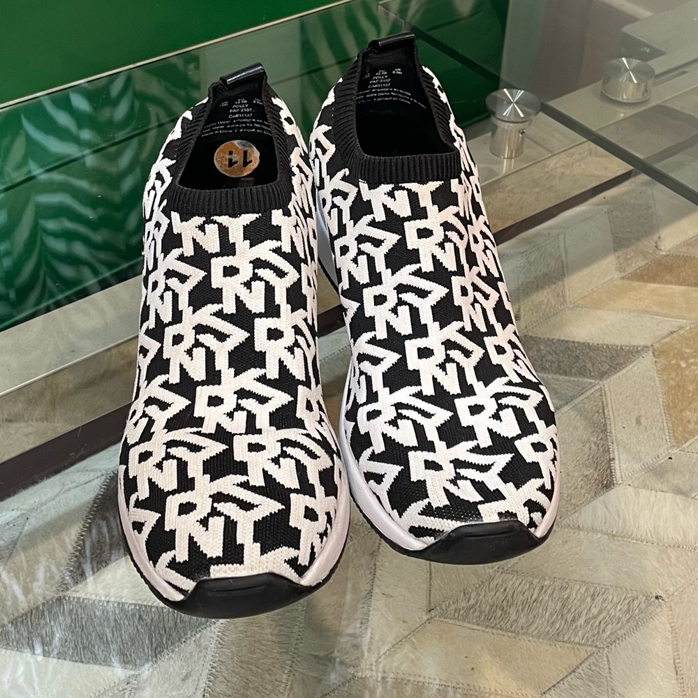 COPY - DKNY women’s black and white Abby slip on logo sock sneakers